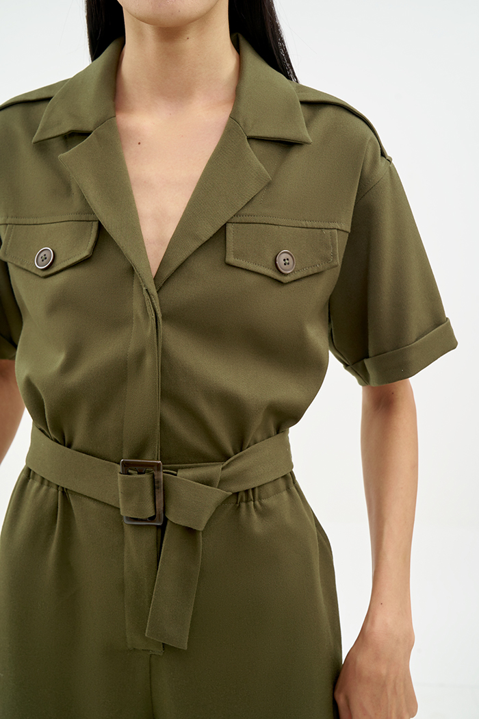 Jumpsuit utility dài lai lật nẹp nút