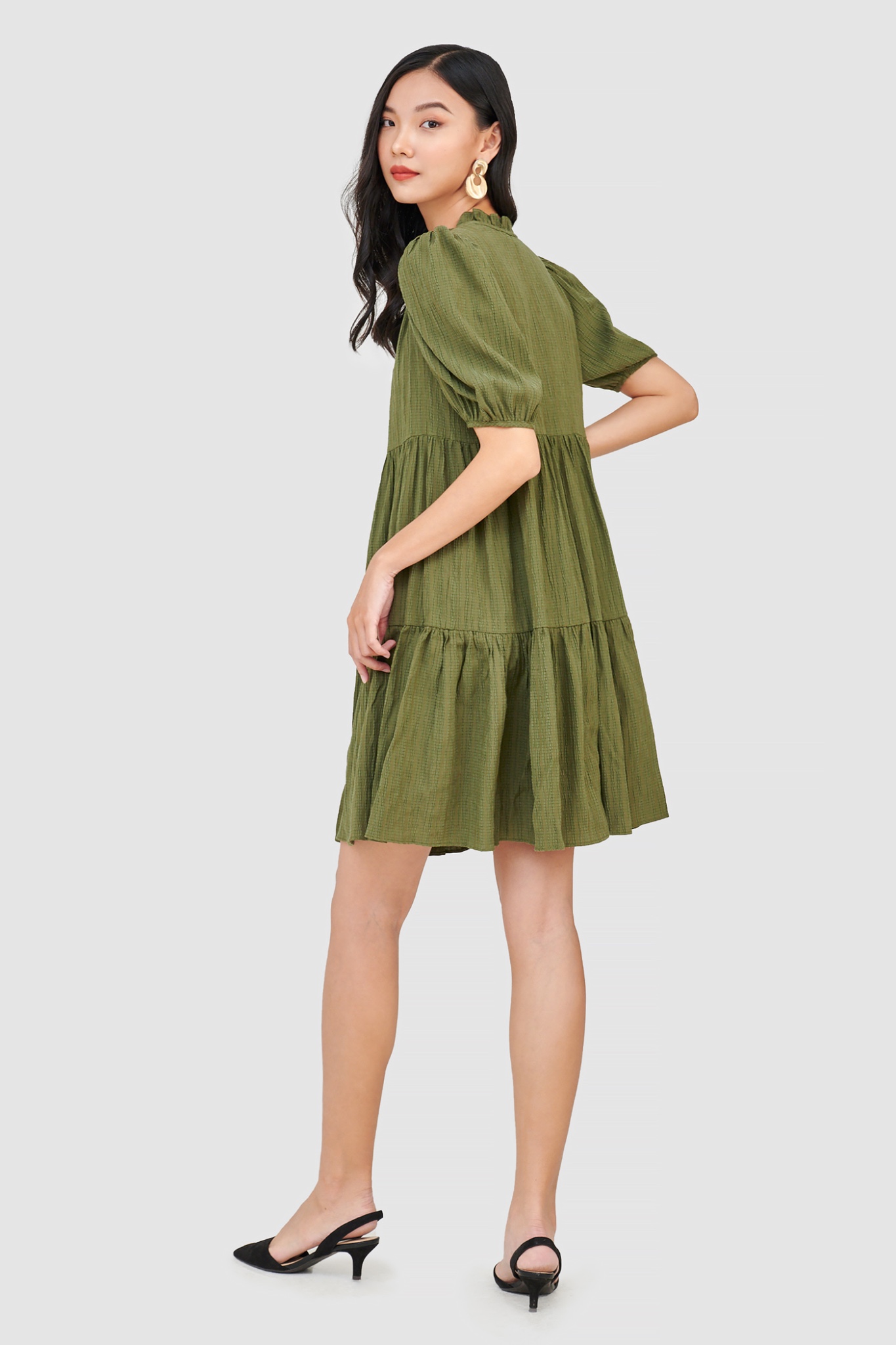 Đầm form babydoll 3 tầng tay phồng