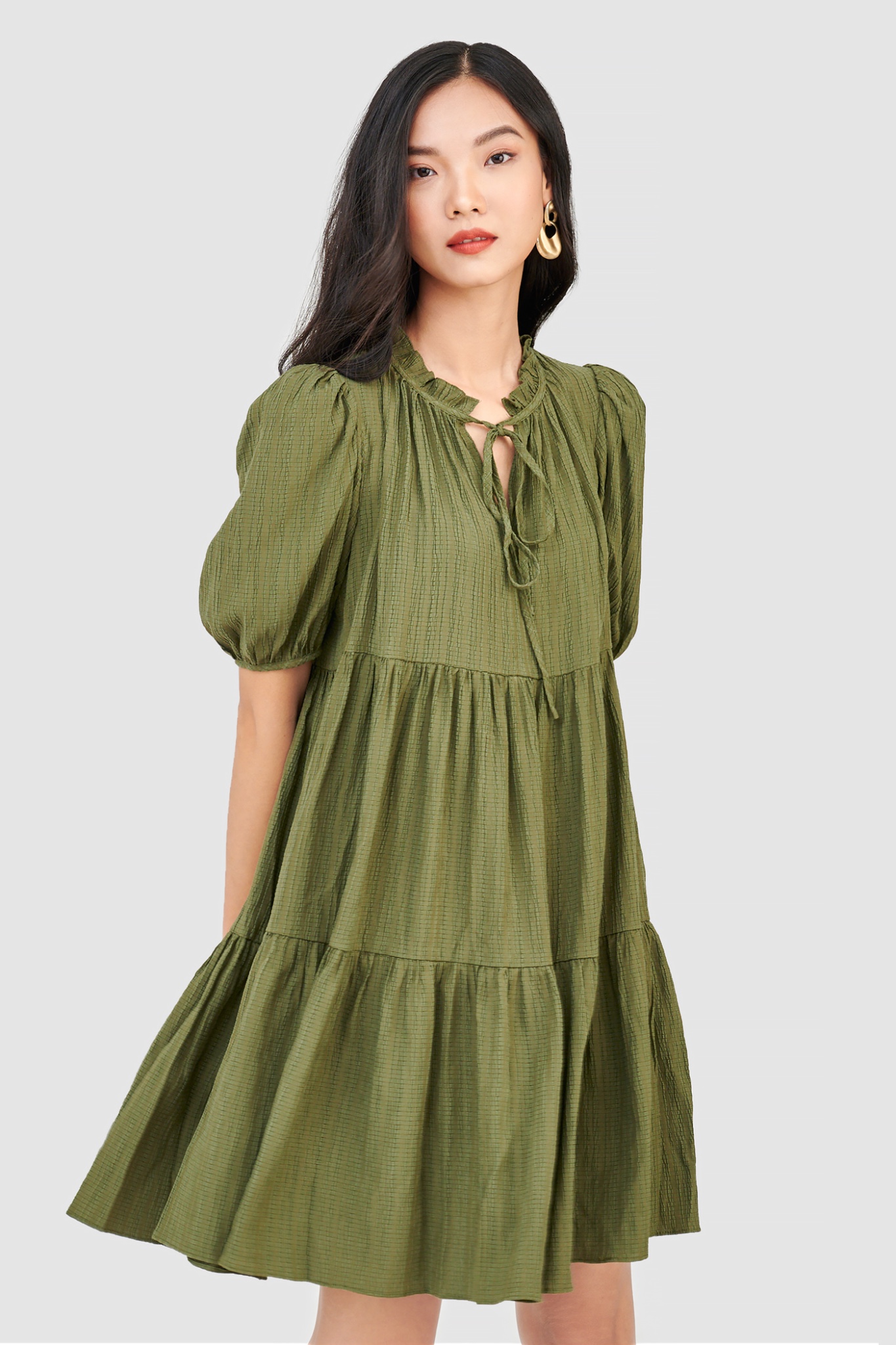 Đầm form babydoll 3 tầng tay phồng