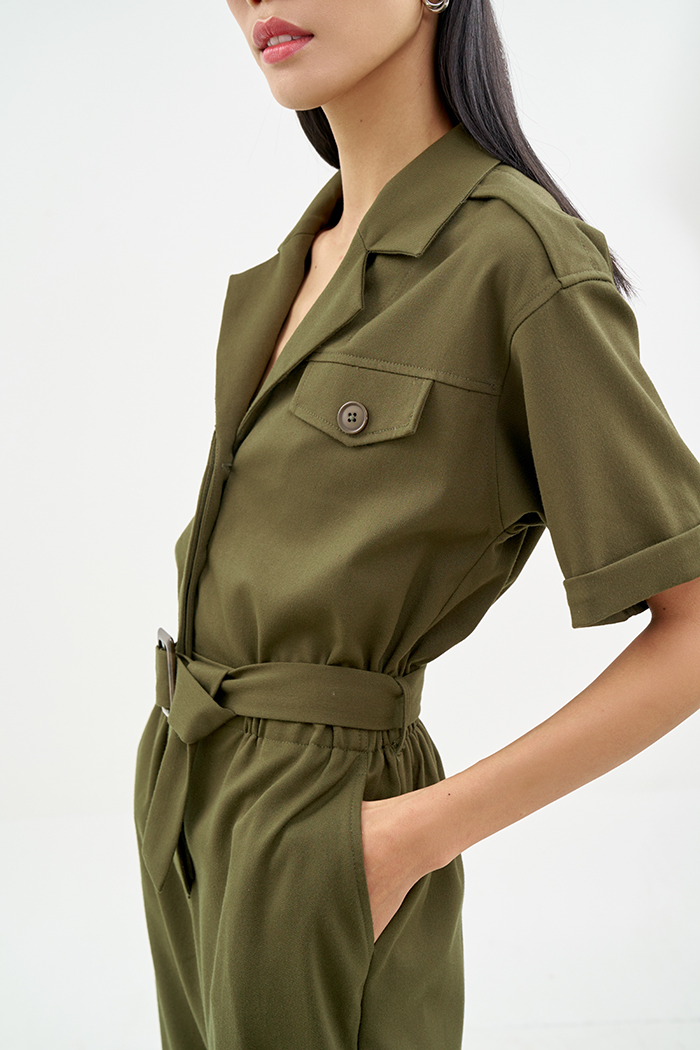 Jumpsuit utility dài lai lật nẹp nút