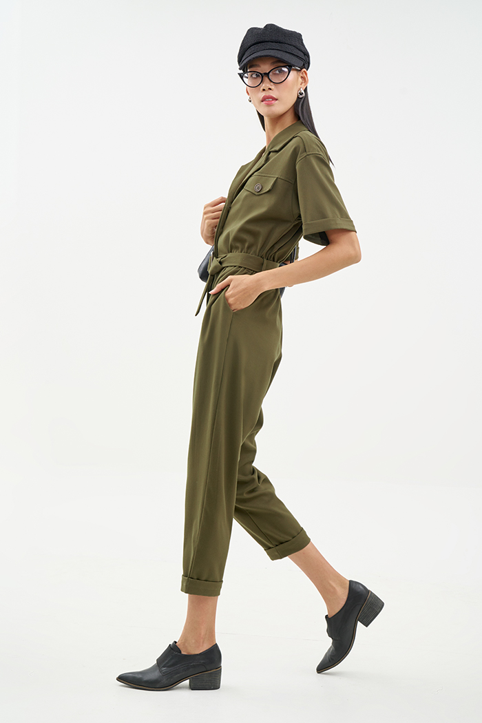 Jumpsuit utility dài lai lật nẹp nút