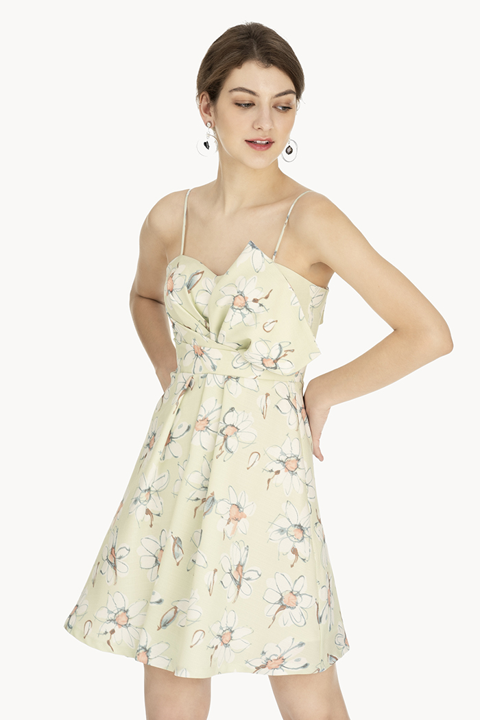 Đầm 2 dây wrap nơ eo hoa vẽ tay