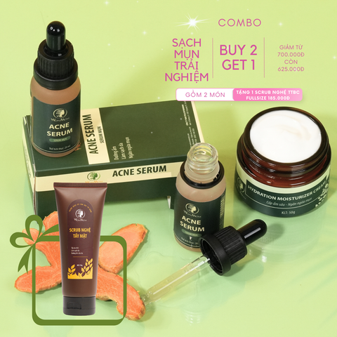  [SALE OFF] COMBO SERUM VÀ KEM TRỊ MỤN HỮU CƠ TẶNG 1 SCRUB NGHỆ 