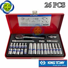 Bộ tuýp 1/4 Kingtony 2526MR01 loại tuýp ngắn và tuýp dài có 26 chi tiết loại 6 cạnh