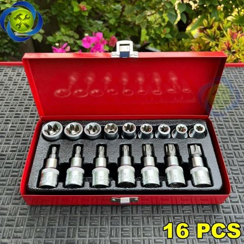 Bộ tuýp đầu E (E10- E24) và tuýp sao (T30 - T70) HITMAN HM1002 có 16 chi tiết