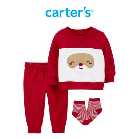  Set 3 Gồm Bộ Quần Áo Tay Dài Đỏ Hình Ông Già Noel Kèm Vớ Carter's 0-24M 