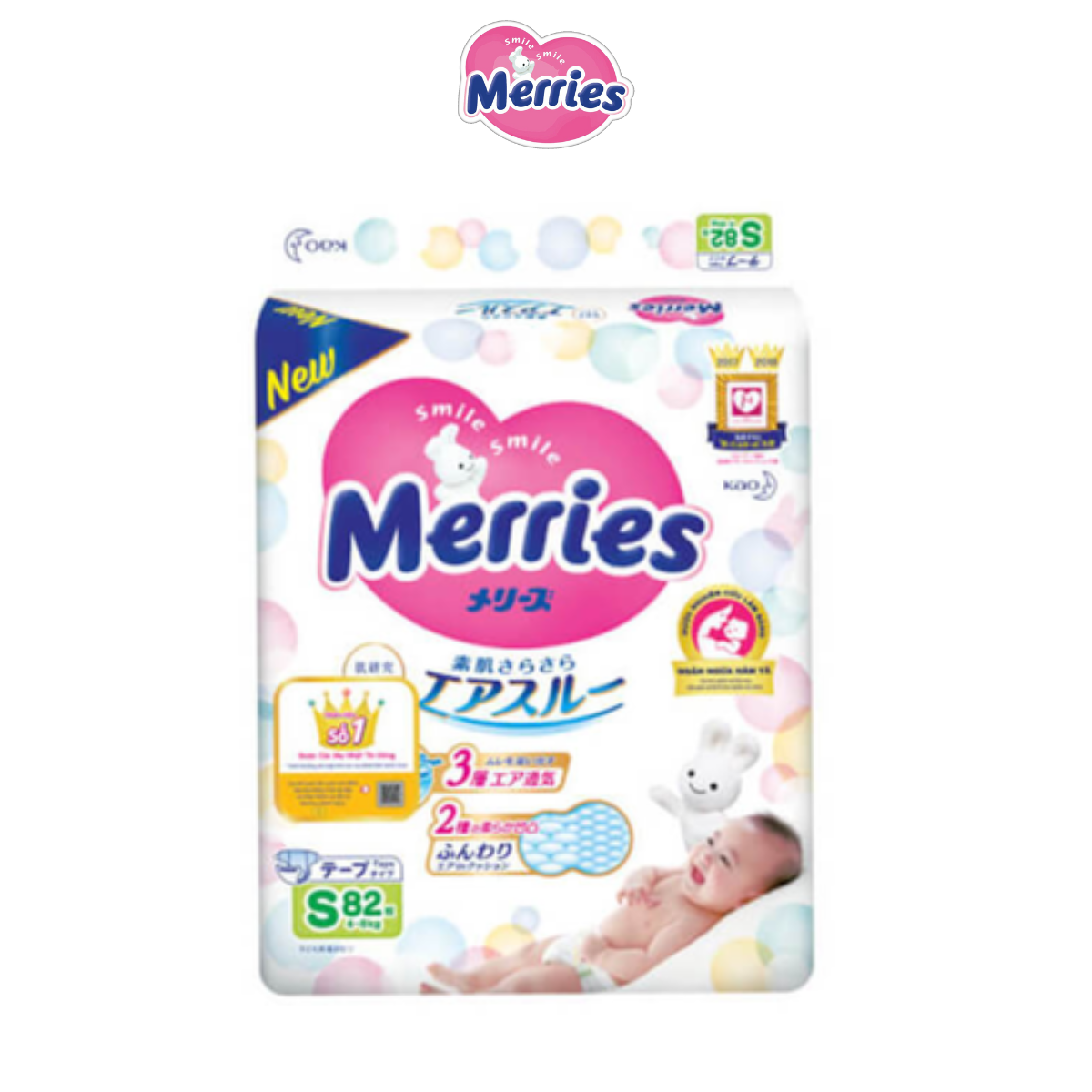 [Date 02/04/25] Bỉm dán Merries size S 82 miếng (cho bé từ 4kg đến 8kg)