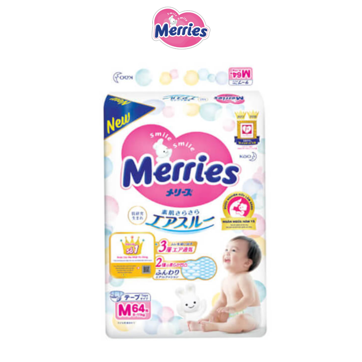 Bỉm dãn Merries size M 64 miếng