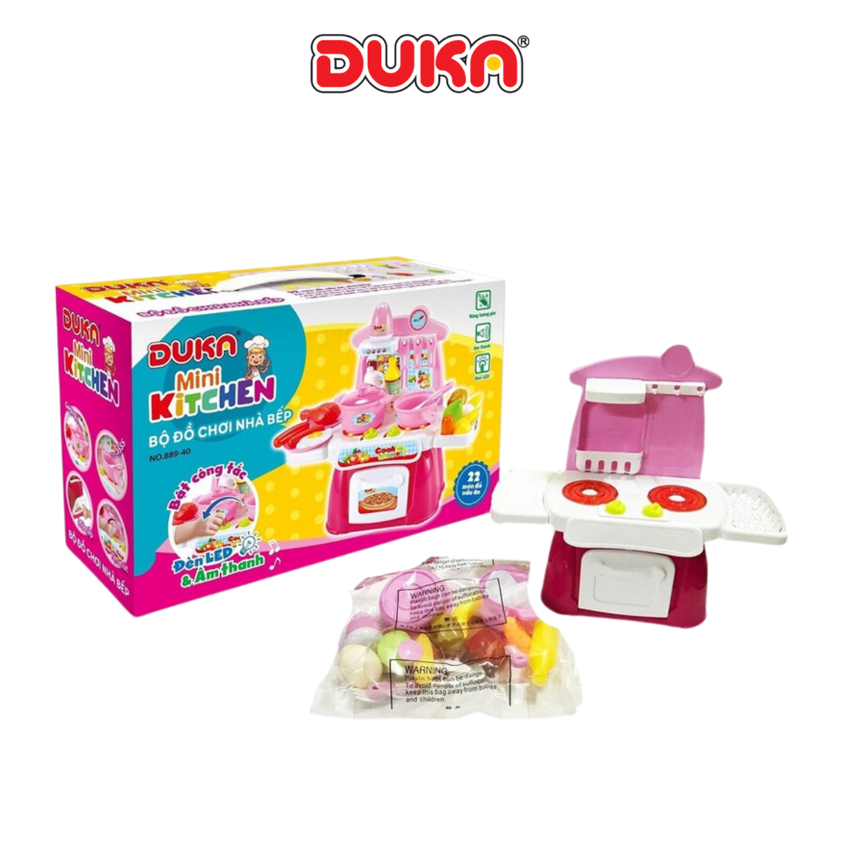 Bộ đồ chơi nhà bếp màu hồng kết hợp với ánh sáng và âm thanh Duka