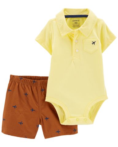  Set Bodysuit Liền Quần Cổ Polo Bé Trai Vàng Kèm Quần Ngắn Nâu Carter's 0-24M 