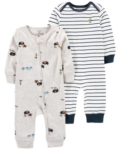  Set 2 Bodysuit Tay Dài Liền Quần Dài Bé Trai Hình Xe Và Sọc Ngang Carter's 0-24M 