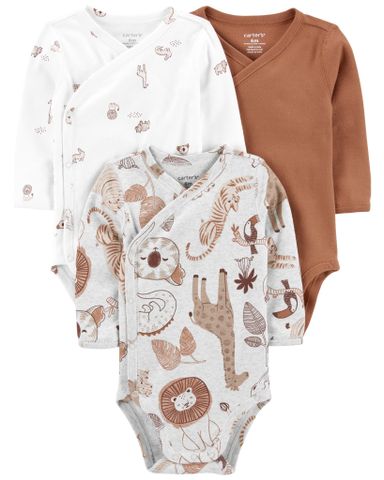  Set 3 Bodysuit Liền Quần Tay Dài Hình Động Vật Màu Trắng Và Nâu Carter's 0-24M 