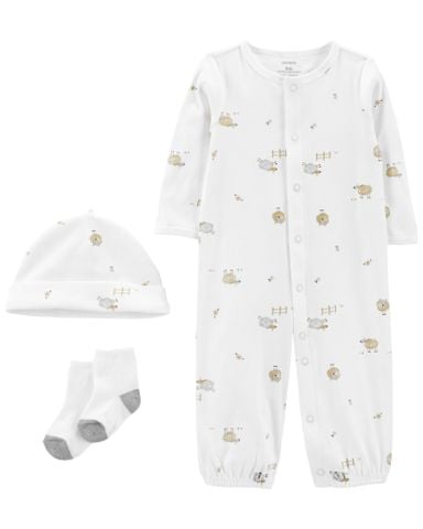  Set Bodysuit Liền Quần Dài Màu Trắng Hình Cừu Kèm Nón Và Vớ Carter's 0-24M 