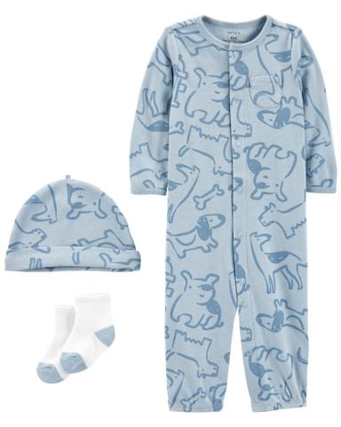  Set Bodysuit Liền Quần Dài Bé Trai Xanh Dương Kèm Nón Và Vớ Carter's 0-24M 