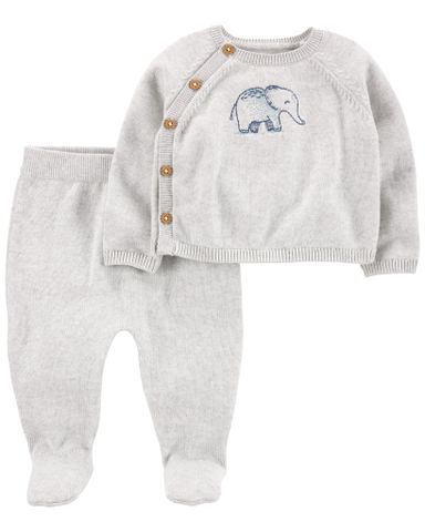  Set Áo Tay Dài Hình Voi Xám Kèm Quần Dài Liền Vớ Carter's 0-24M 