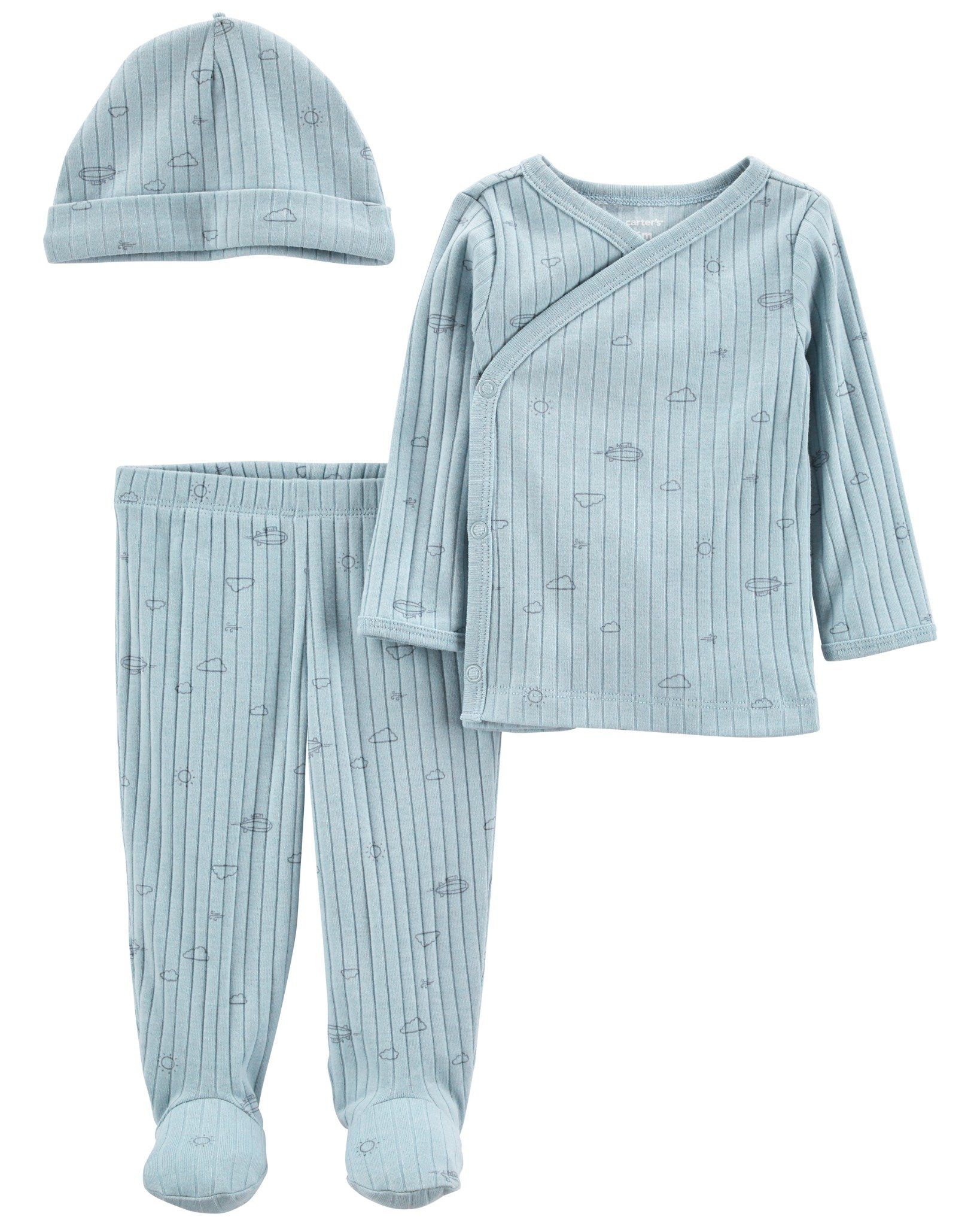 Set Áo Tay Dài Vạt Chéo Và Quần Dài Liền Vớ Xanh Hình Mây Kèm Nón Carter's 0-24M
