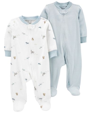  Set 2 Bodysuit Tay Dài Liền Quần Dài Bé Trai Xanh Sọc Và Trắng Carter's 0-24M 