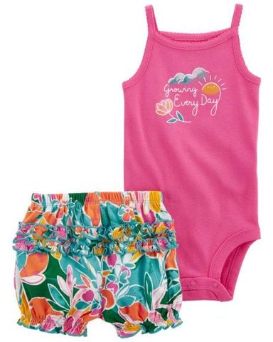  Set Bodysuit Liền Quần Bé Gái Màu Hồng Cánh Sen Kèm Quần Ngắn Hoa Lá Carter's 0-24M 