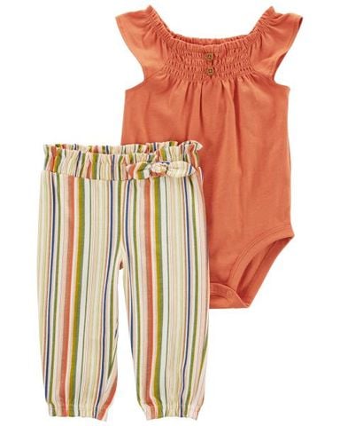  Set Bodysuit Liền Quần Bé Gái Màu Cam Kèm Quần Dài Kẻ Sọc Nhiều Màu Carter's 0-24M 