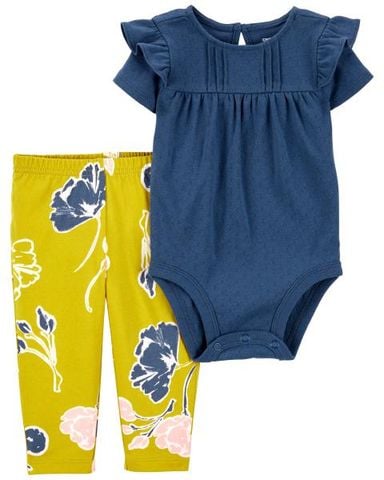  Set Bodysuit Liền Quần Bé Gái Màu Xanh Navy Kèm Quần Dài Màu Vàng Hình Hoa Carter's 0-24M 