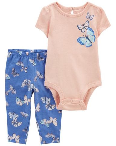  Set Bodysuit Liền Quần Bé Gái Màu Hồng Kèm Quần Dài Màu Xanh Biển Hình Bướm Carter's 0-24M 