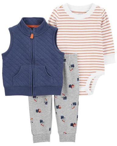  Set 3 Gồm Bodysuit Bé Trai Kẻ Ngang Hồng Kèm Quần Dài Màu Xám Và Áo Khoác Cộc Tay Màu Xanh Đậm Carter's 0-24M 