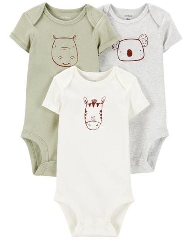  Set 3 Bodysuit Liền Quần Bé Trai Màu Xanh Mạ Và Trắng Hình Động Vật Carter's 0-24M 