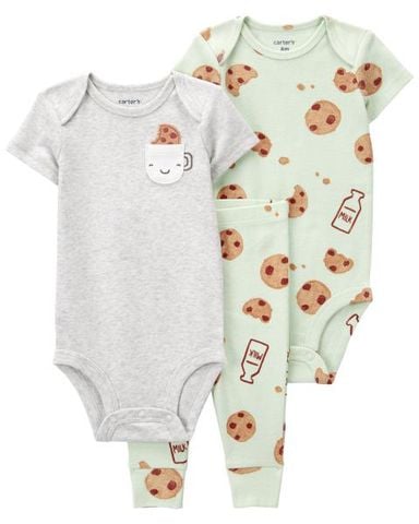  Set 2 Bodysuit Liền Quần Bé Trai Màu Xanh Lá Hình Bánh Quy Kèm Quần Dài Carter's 0-24M 