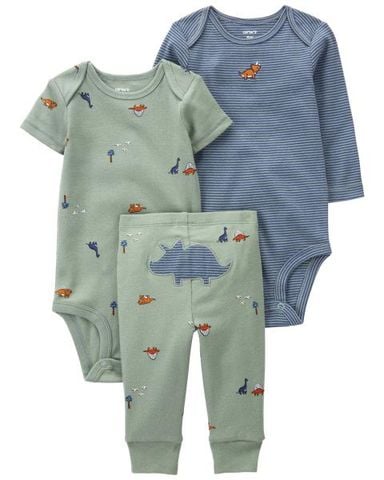  Set 2 Bodysuit Liền Quần Bé Trai Màu Xanh Mạ Hình Khủng Long Kèm Quần Dài Carter's 0-24M 