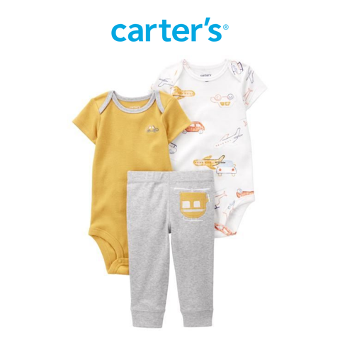  Set 2 Bodysuit Liền Quần Bé Trai Màu Vàng Và Trắng Kèm Quần Dài Carter's 0-24M 