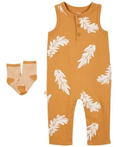  Set Romper Áo Liền Quần Bé Trai Màu Vàng Hình Lông Vũ Kèm Vớ Carter's 0-24M 