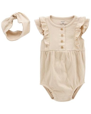  Set Romper Áo Liền Quần Bé Gái Màu Be Kèm Băng Đô Carter's 0-24M 