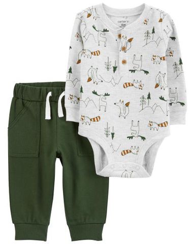  Set Bodysuit Liền Quần Bé Trai Màu Xám Hình Động Vật Kèm Quần Xanh Lá Carter's 0-24M 