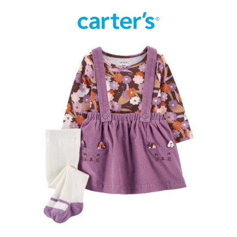  Set 3 Gồm Áo Hoa Bé Gái Kèm Váy Yếm Màu Tím Và Vớ Quần Carter's 0-24M 