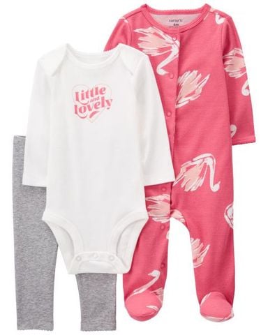  Set 2 Bodysuit Liền Quần Bé Gái Màu Hồng Hình Thiên Nga Kèm Quần Dài Carter's 0-24M 