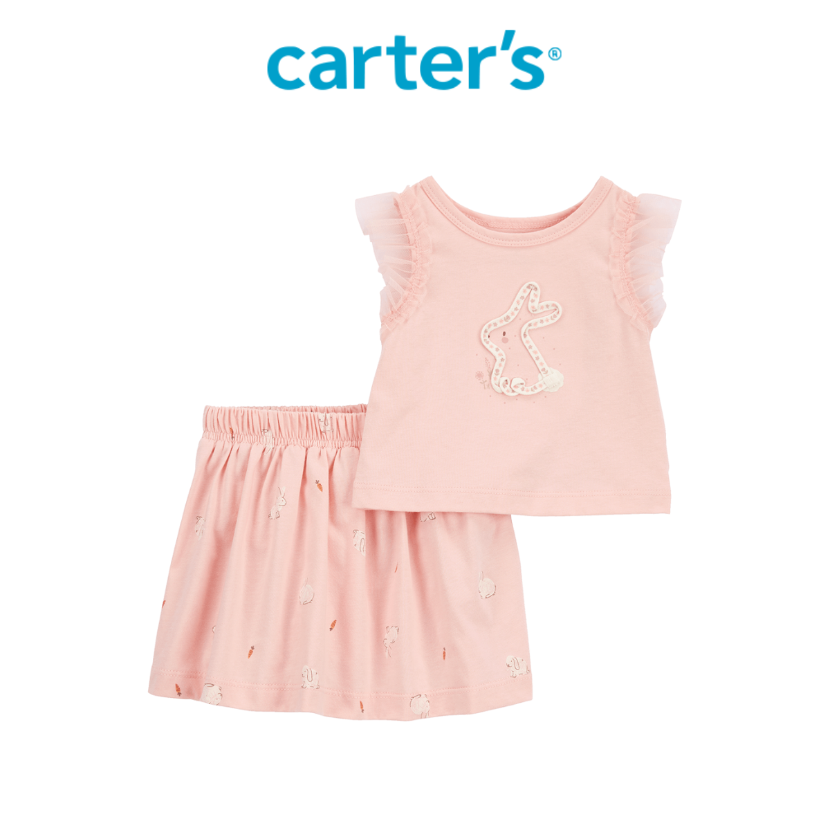 Set Áo Thun Bé Gái Màu Hồng Kèm Váy Hình Thỏ Con Carter's 0-24M