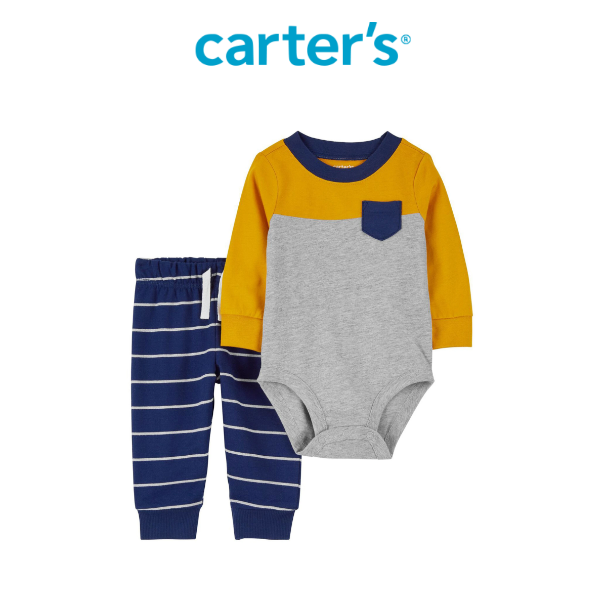 Set Bodysuit Liền Quần Bé Trai Màu Vàng Xám Kèm Quần Dài Xanh Dương Carter's 0-24M
