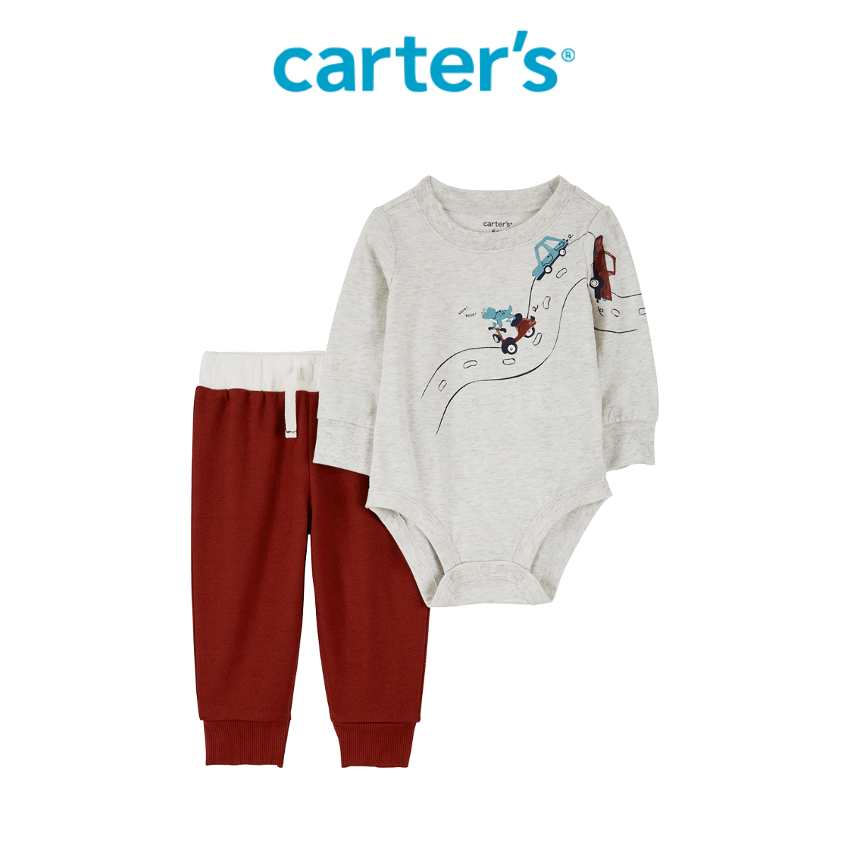 Set Bodysuit Liền Quần Bé Trai Màu Xám Kèm Quần Dài Màu Đỏ Carter's 0-24M