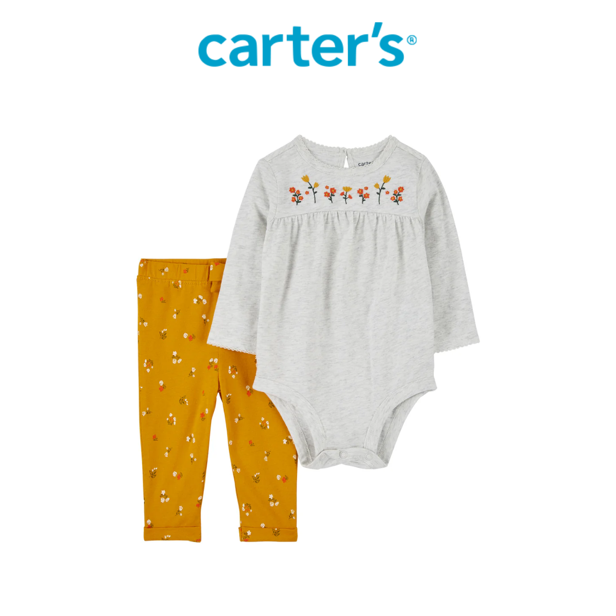 Set Bodysuit Liền Quần Bé Gái Màu Xám Kèm Quần Dài Màu Vàng Hình Hoa Carter's 0-24M
