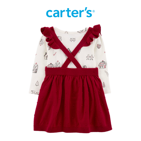  Set Váy Yếm Len Bé Gái Màu Đỏ Kèm Bodysuit Liền Quần Màu Trắng Carter's 0-24M 