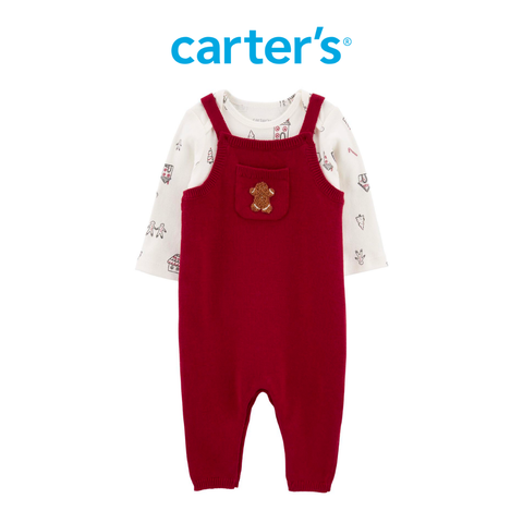  Set Quần Yếm Cho Bé Màu Đỏ Kèm Áo Thun Tay Dài Trắng Carter's 0-24M 