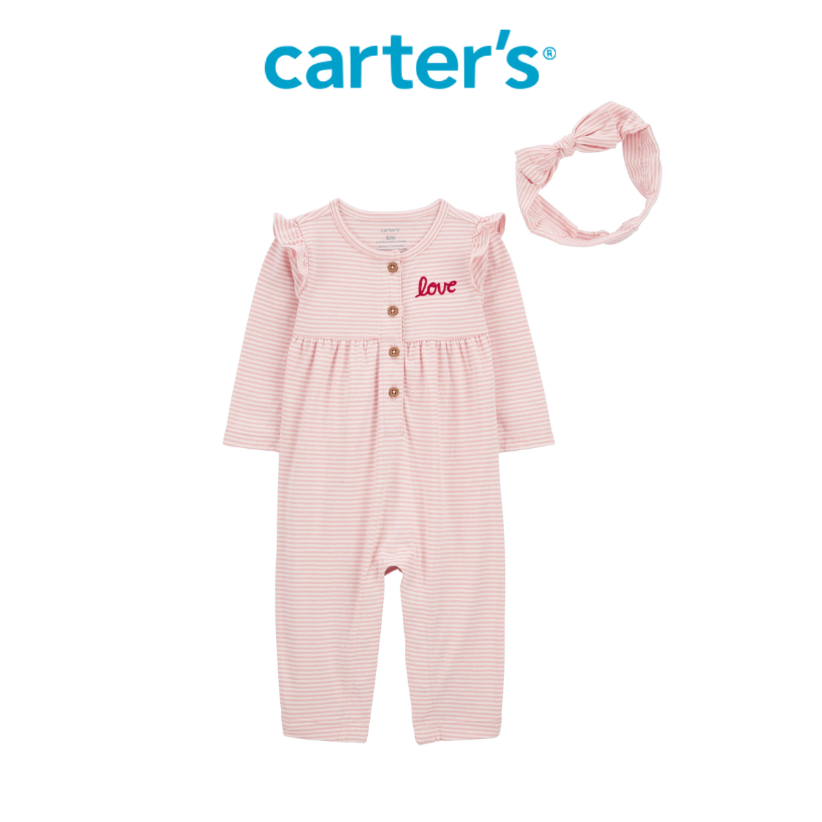 Set Bodysuit Liền Quần Bé Gái Màu Hồng Kẻ Trắng Kèm Băng Đô Carter's 0-24M