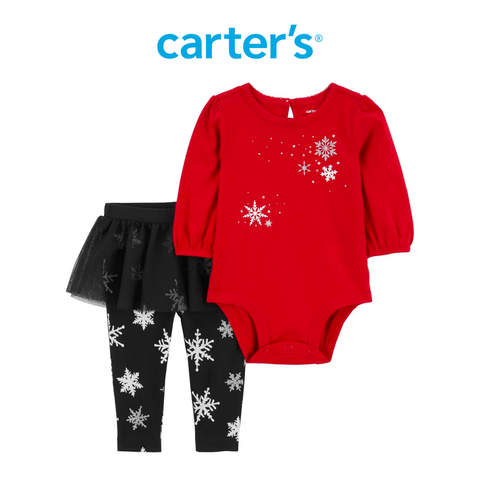  Set Bodysuit Liền Quần Bé Gái Màu Đỏ Kèm Quần Liền Váy Màu Đen Carter's 0-24M 