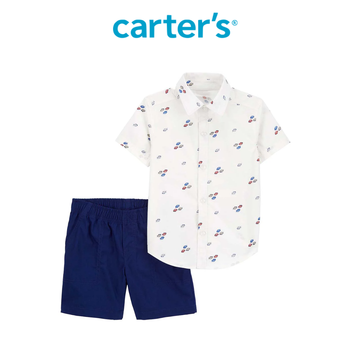 Set Áo Sơ Mi Bé Trai Màu Trắng Hình Xe Ôtô Kèm Quần Ngắn Xanh Navy Carter's 0-24M