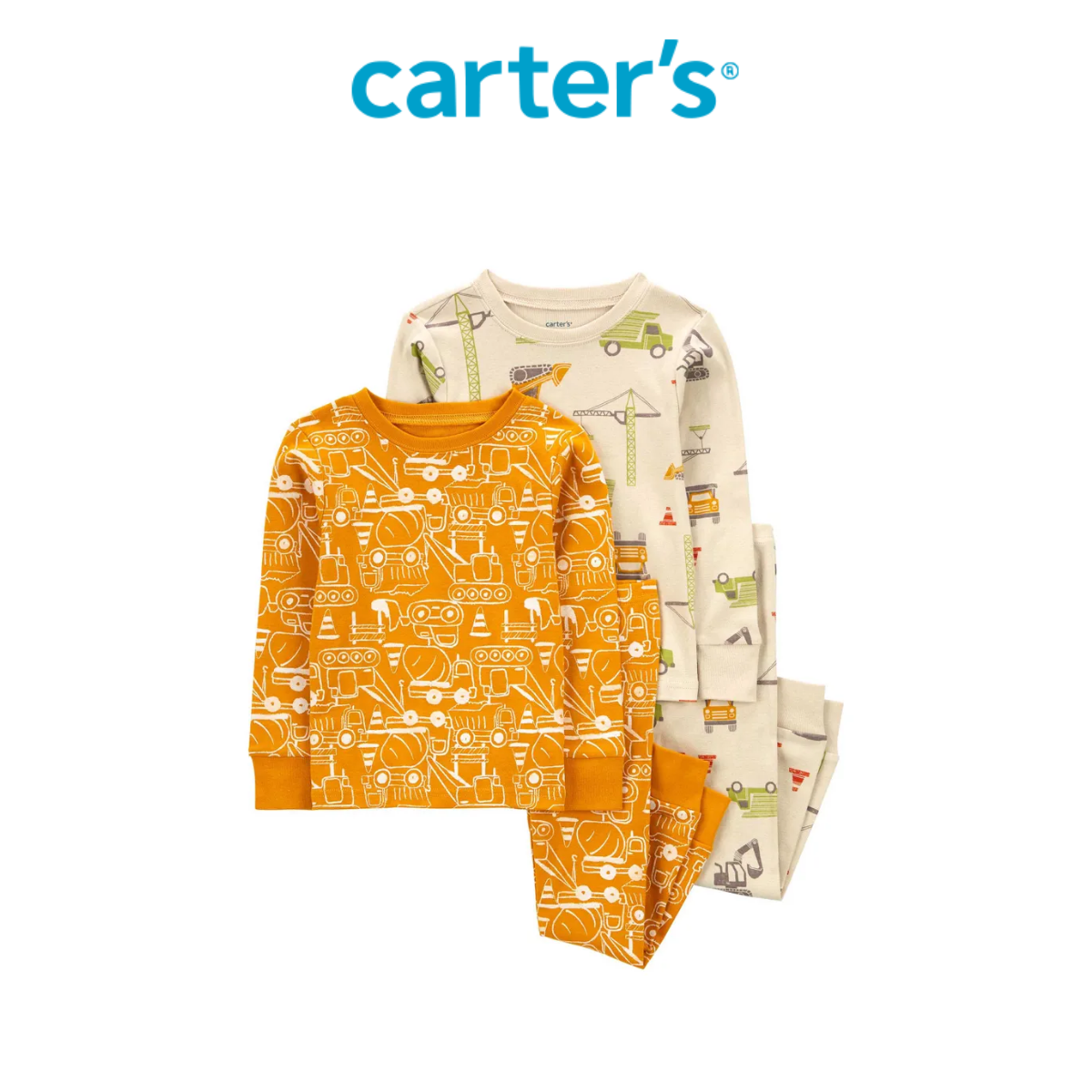 Set 2 Bộ Quần Áo Tay Dài Bé Trai Màu Be Và Vàng Hình Xe Công Trình Carter's 2T-5T