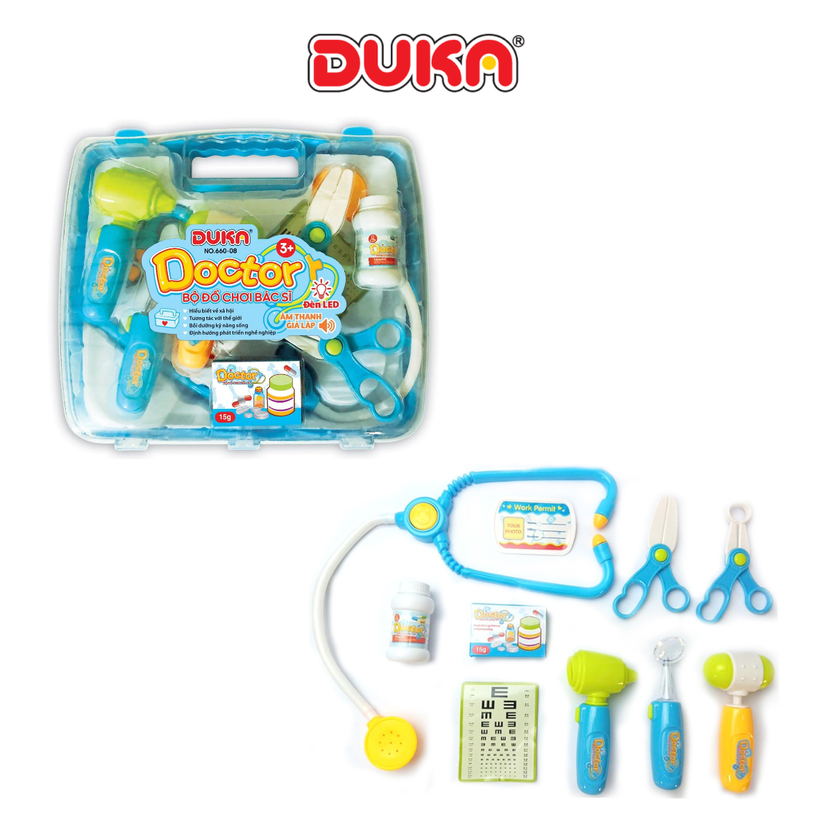 Bộ đồ chơi bác sĩ màu xanh có đèn báo (Quai xách vuông) Duka