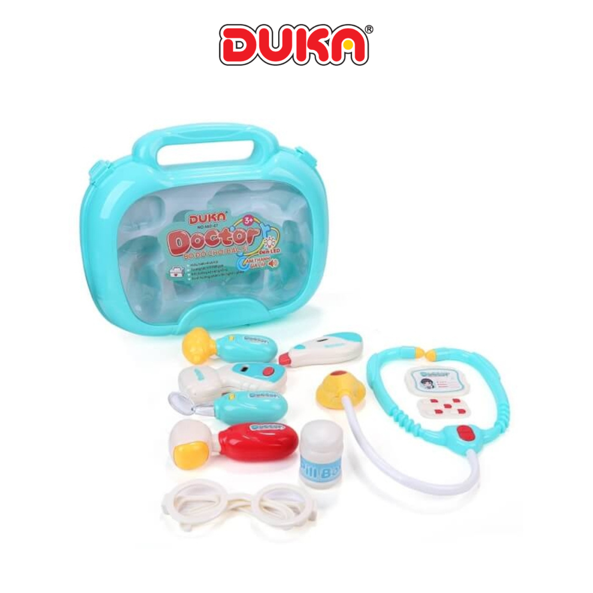 Bộ đồ chơi bác sĩ màu xanh có đèn và âm thanh giả lập Duka