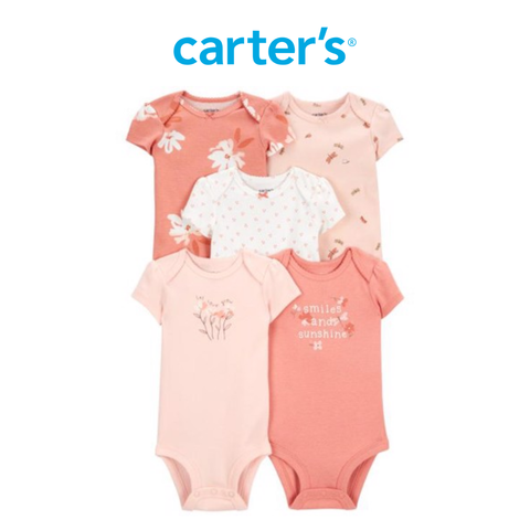  Set 5 Bodysuit Liền Quần Bé Gái Màu Hồng Và Trắng Carter's 0-24M 