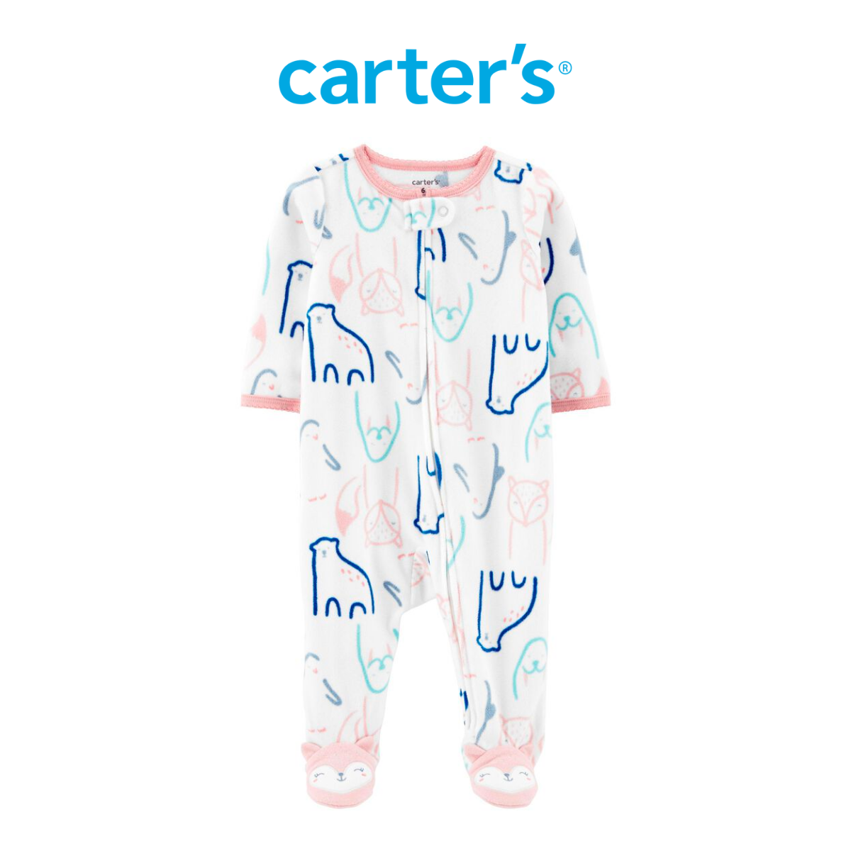 Bodysuit Tay Dài Liền Quần Bé Gái Màu Hồng Và Xanh Hình Động Vật Carter's 0-24M