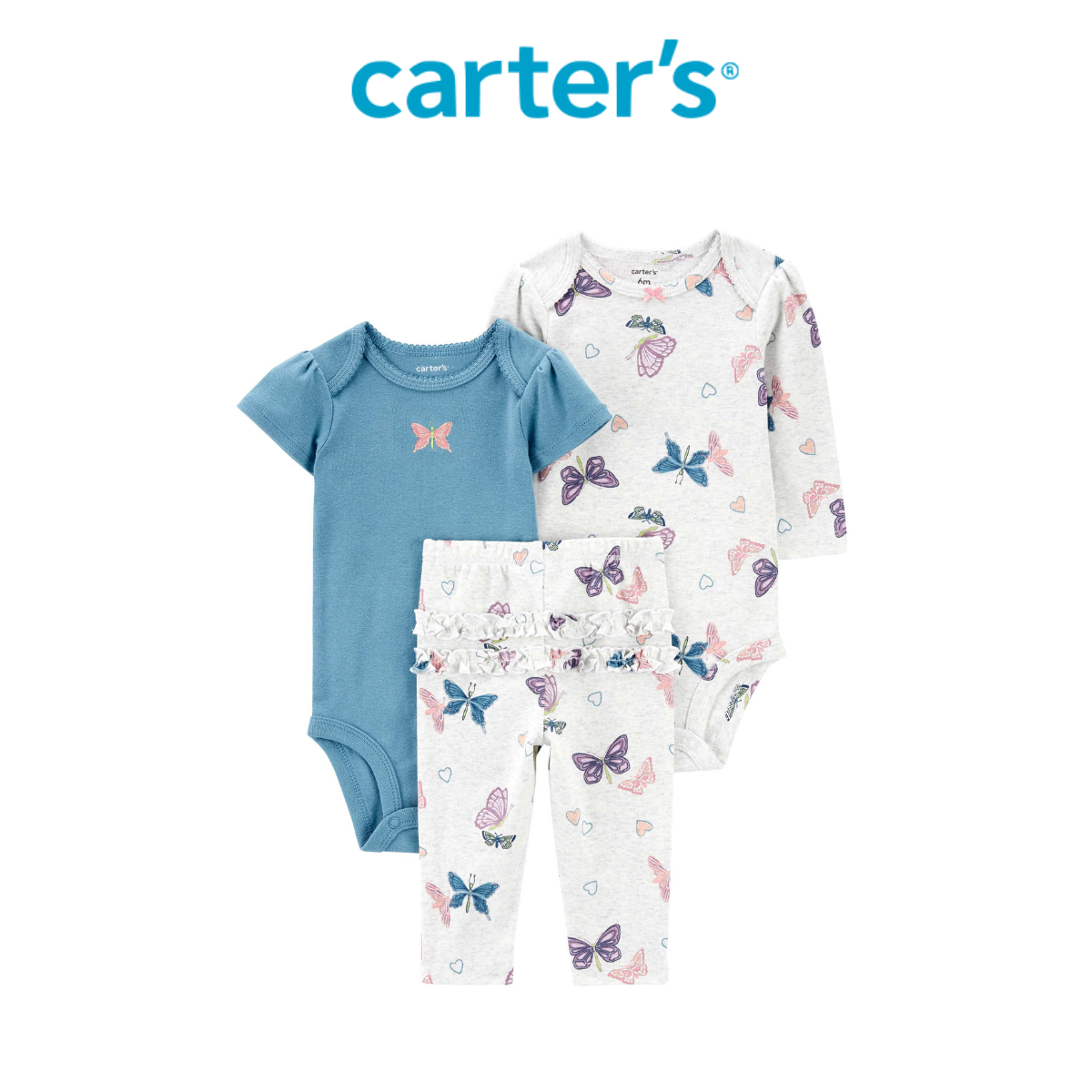 Set 2 Bodysuit Liền Quần Bé Gái Màu Xanh Và Trắng Kèm Quần Dài Hình Bướm Carter's 0-24M